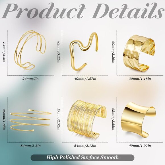 6 Pcs Gold Arm Cuff Bracelets for Women Adjustable Stylish Minimalist Bangles - Picture 3 of 6